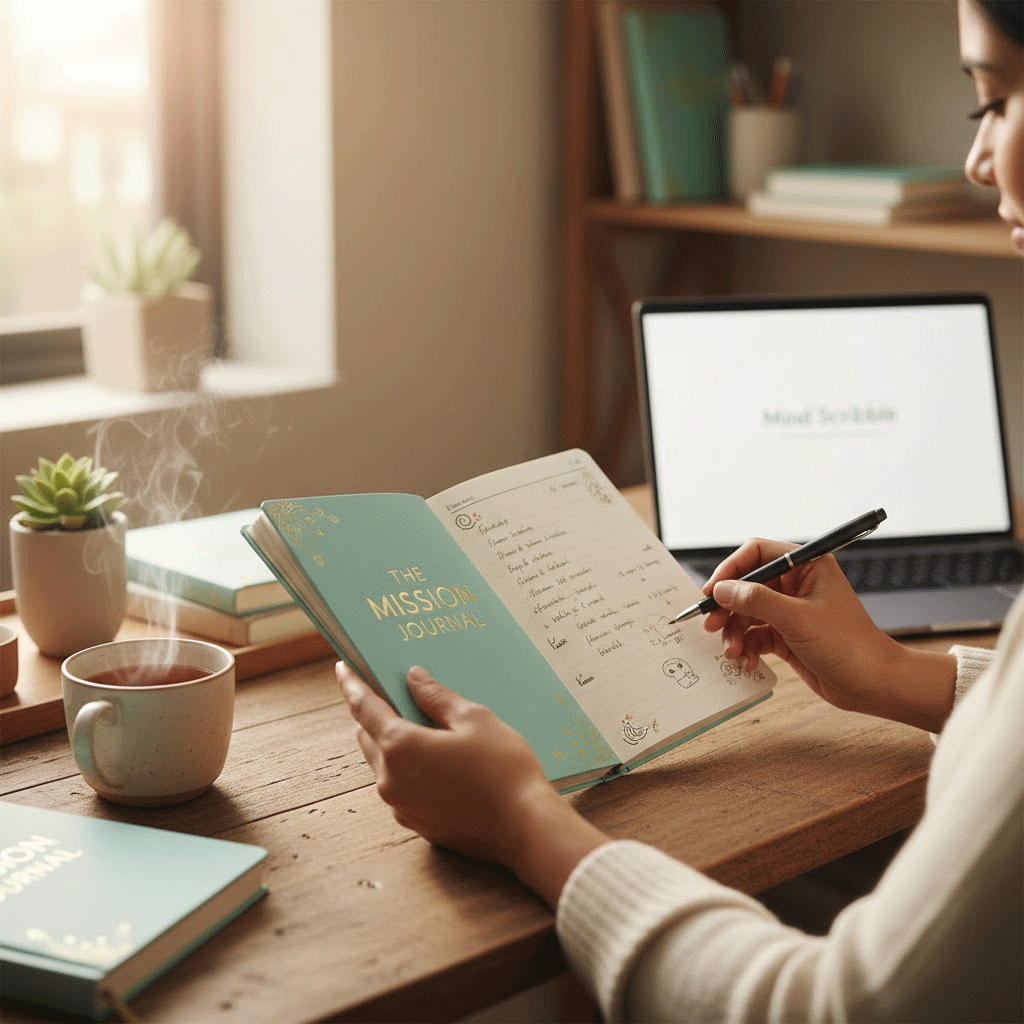 Mind Scribble mission journal on a wooden desk with coffee, representing daily mindfulness and self-reflection.