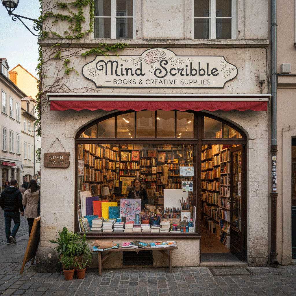 Mind Scribble bookstore and creative supplies storefront for emotional healing journals.